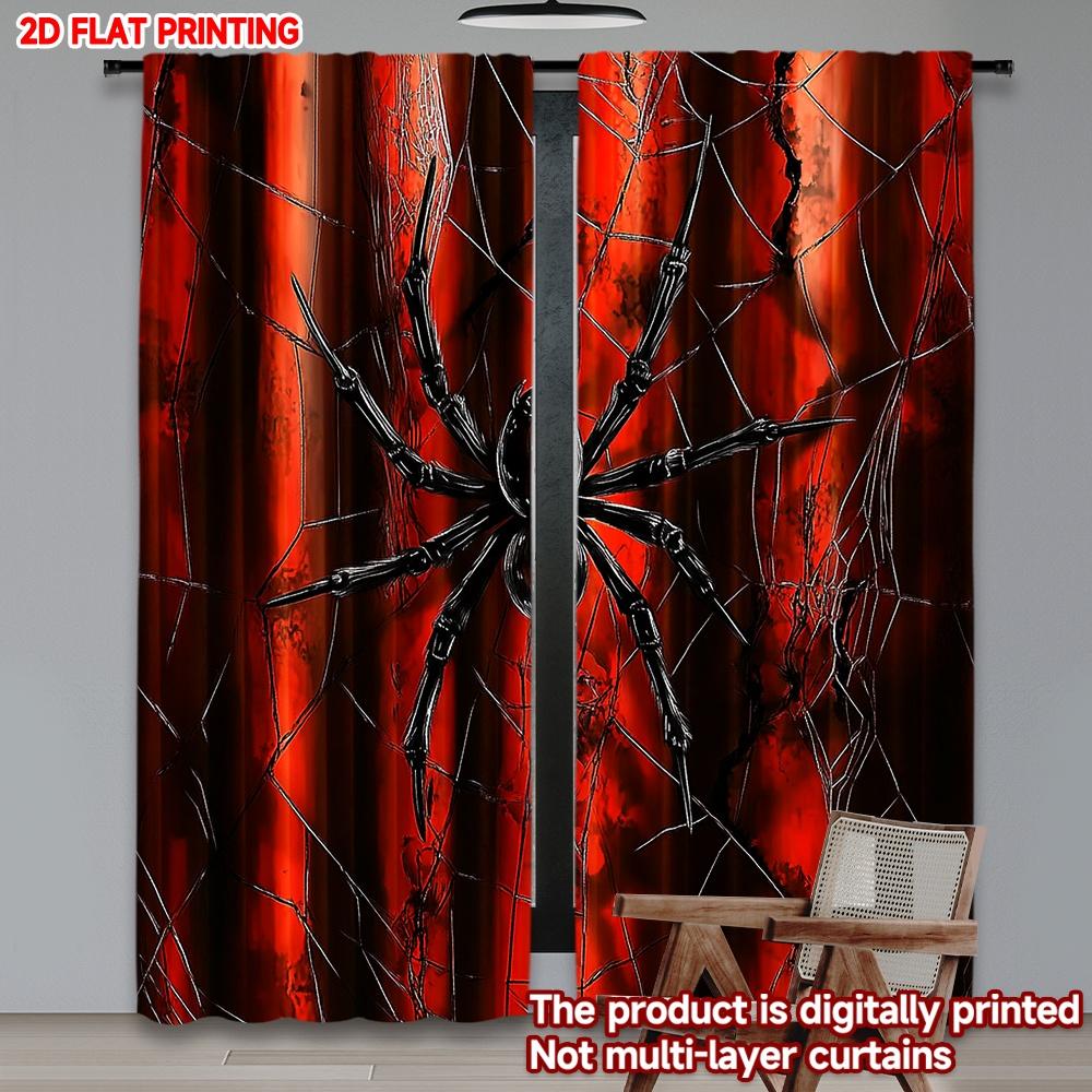 Set aus 2 Spinnennetz-Vorhängen Flach Digitaldruck Kräftiges Rot Schwarz Spinnennetz Gotisches Muster Horror-Thema Raumdekor Aus Polyester