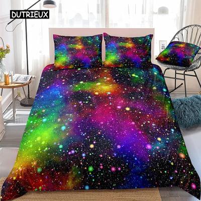 Housse de couette arc-en-ciel galaxie, ensemble de housse de couette arc-en-ciel, étoiles colorées, espace psychédélique, ensemble de literie en polyester pour deux personnes, queen size, king size