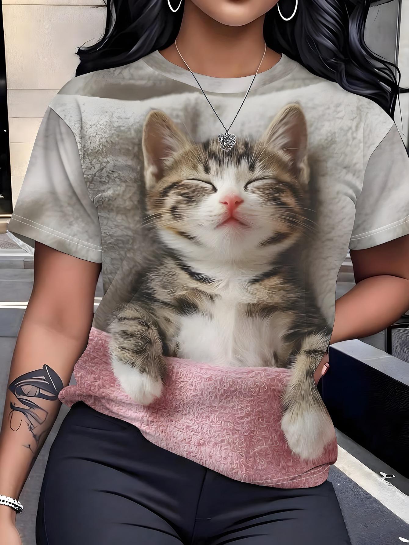 

Cat Print T-Shirt. Cute And Soft Cat Short Sleeve Top. Women Short Sleeve T-Shirt. a Must-Have Fashion Item for Women. a Beautiful And Charming Gift S дубильная кора