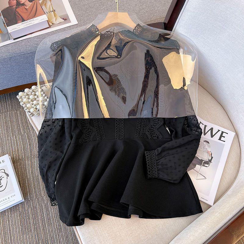 Women's Clothing Sexy Round Neck Lace Spliced Shirt Long Sleeve Sheer Spring Autumn New All-match Solid Color Hollow Out Blouse
