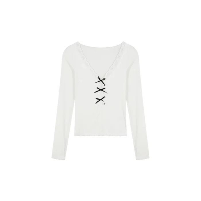 Schleife Spitze V-Ausschnitt Langarm Slim-Fit Frühlings-T-Shirt für Damen