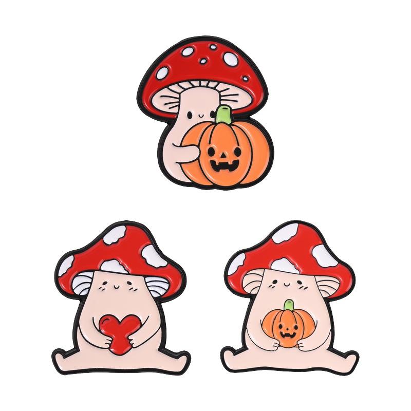 Xiaomi Halloween Mushroom Elf Holding Pumpkin & Heart Enamel Pin Cute Spooky Mushroom Brooches Bag Lapel Badge Jewelry Gift for Friends