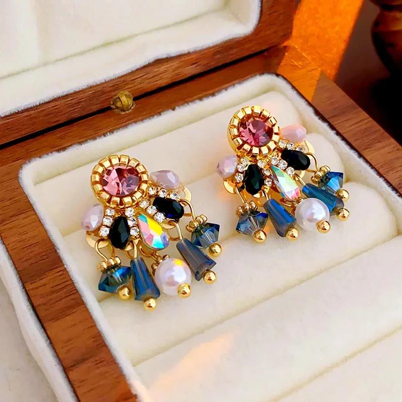 Vintage Colorful Rhinestone Water Drop Earring for Women Imitation Pearl Crystal Beads Earrings with Tassel Ear Jewelry K-