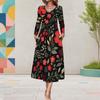 Women Plus Size Black Floral Printed Long Sleeve Round Neck A Line Midi Dress With Pockets