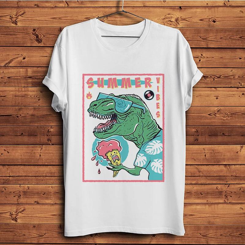 Summer Beach Vibes TRex Dinosaur Holding Ice Cream Funny TshirtWhite Casual Short Sleeve T ShirtUnisex Streetwear Tee S