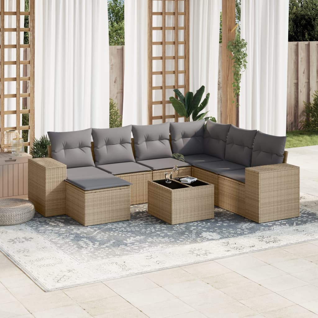 Vidaxl 8-Cz. Gartenmöbel-Set mit Kissen, Beige, Polyrattan