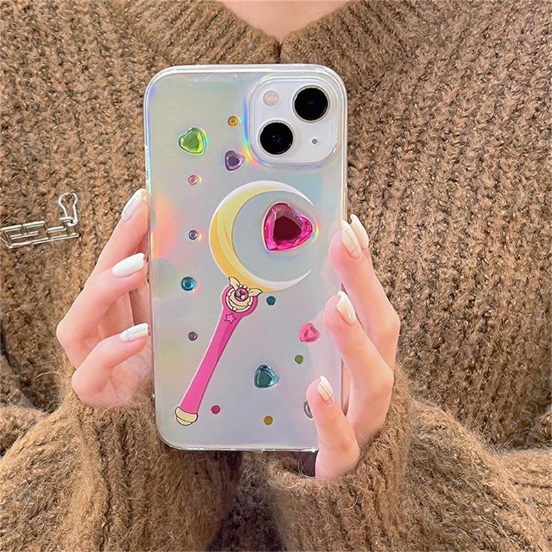 Japan Cute Magic Wand 3d Love Heart Diamond Laser Case For Iphone 14 13 12 11 Pro Max X Xr 7 8 Plus Shockproof Soft Cover Funda