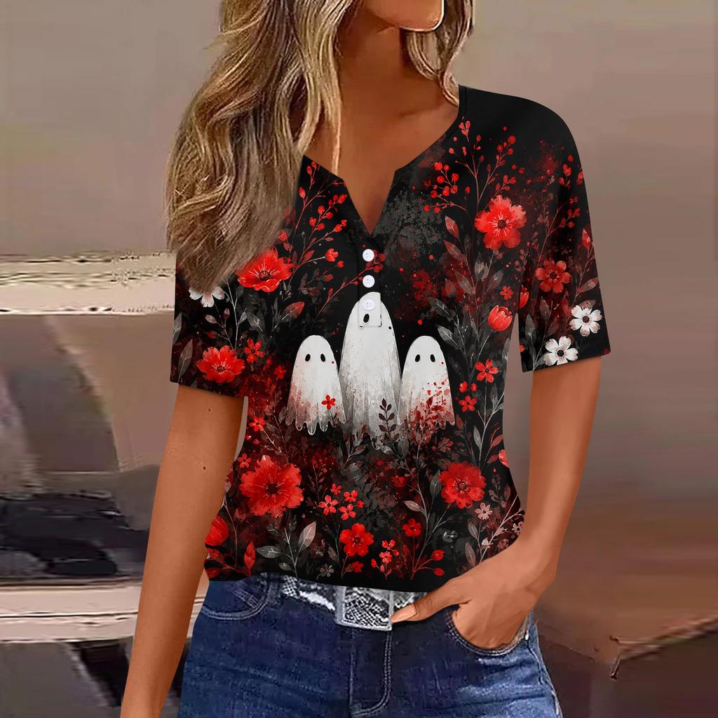 Women's Casual Halloween Print V Neck Short Sleeve Button Down T Shirt Top Lightweight Comfortable Fit