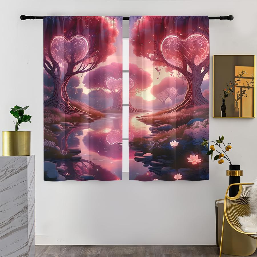 

Set Of 2 Pink Purple Love Tree Secret Realm Curtains Soft Romantic Style Bedroom Living Room Drawbar Pocket Decoration Curtain Polyester Ideal For W100*H70(CM)-Hooks&1PCS