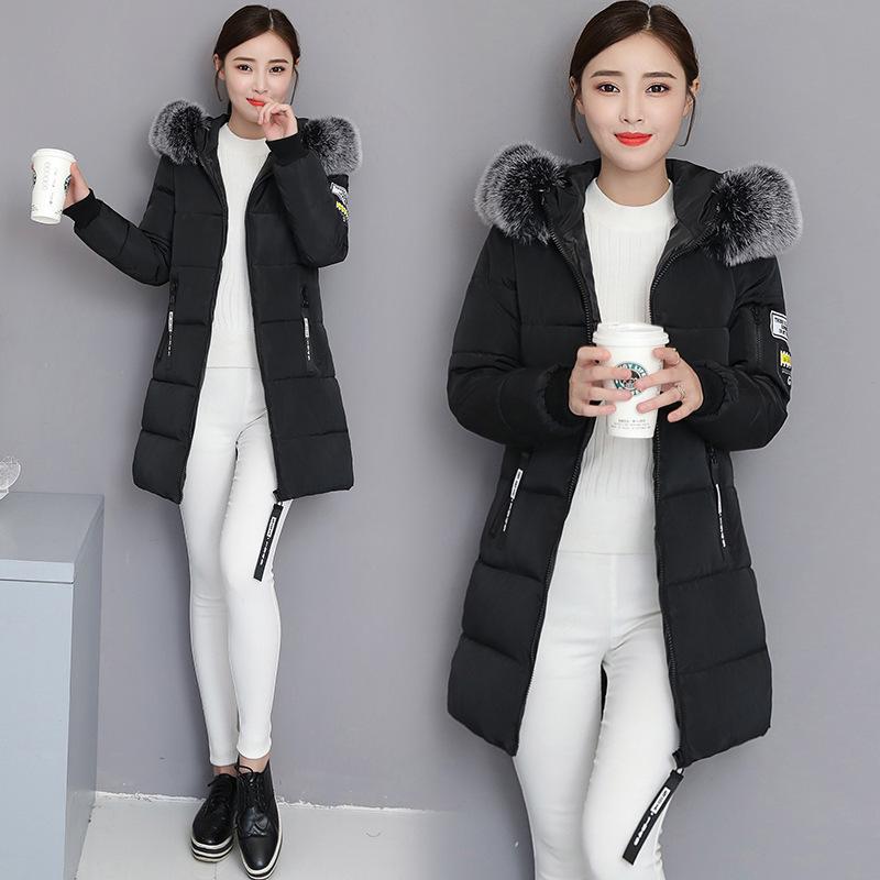 Women's Medium to Long Slim Fit Cotton Coat with Large Fur Collar