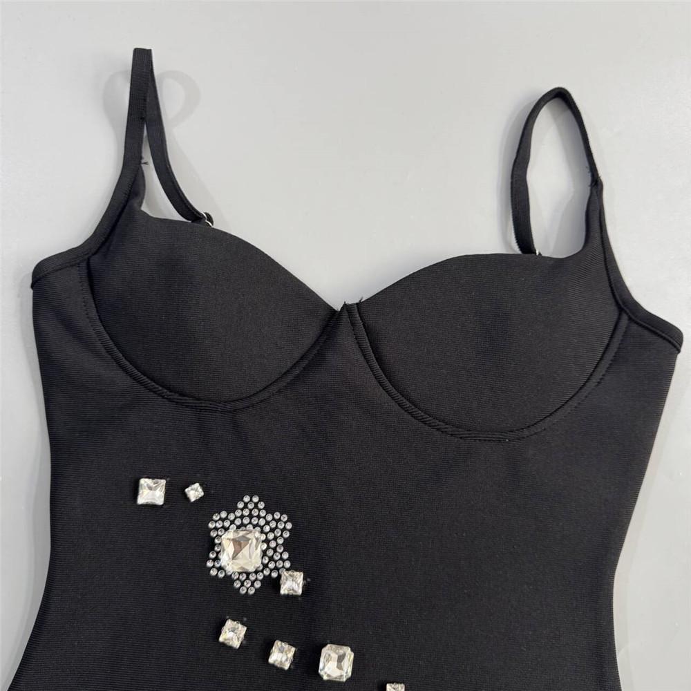 2026 Women's Rhinestone Feather Spaghetti Strap Bandage Mini Dress - Little Black Prom Party Dress