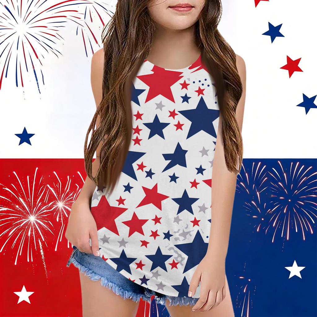 Girls  Kids Summer Crewneck Sleeveless Shirts Tank Tops Independence Day