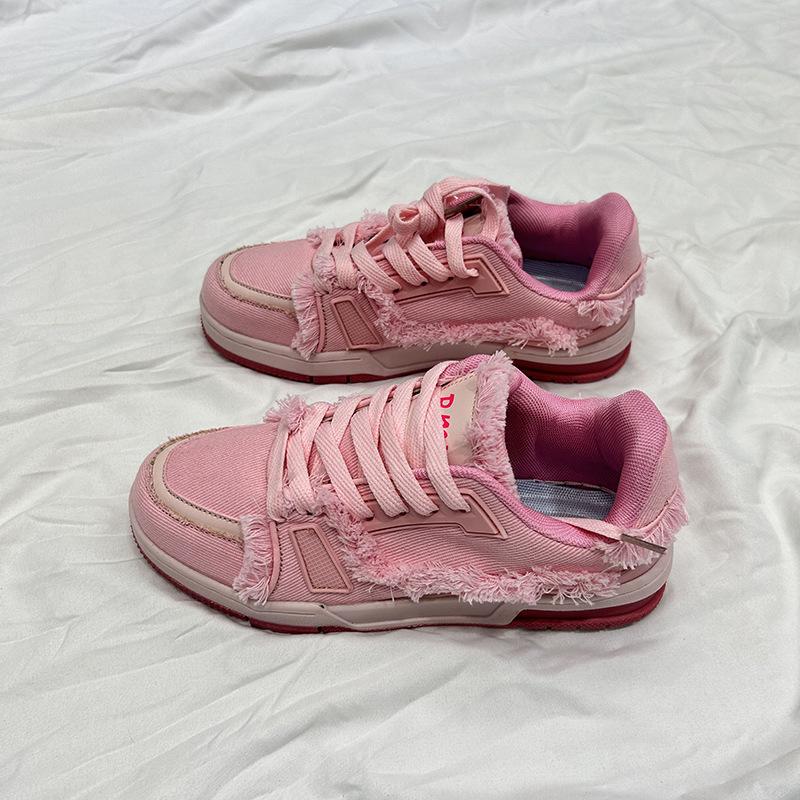 Fashion 2024 New Spring and Autumn Pink Denim Fringed Retro Bread Shoes for Women Couples Niche Sports Casual Shoes for Men