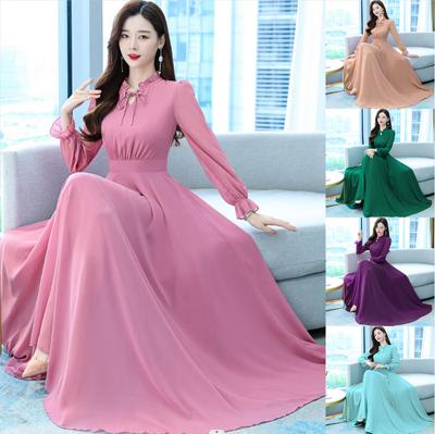 Damen Frühling Sommer und Herbst Vier Jahreszeiten Modelle von Einfarbig Krawatte Taille Dünn Temperament Chiffon Schwingkleid Langarmkleider
