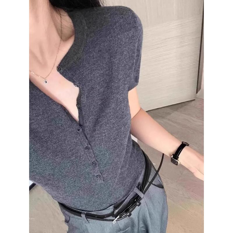 Women's Elegant Deep V Neck Short Sleeve Button Down Slim Fit Knit Top Casual Solid Color Basic Tee