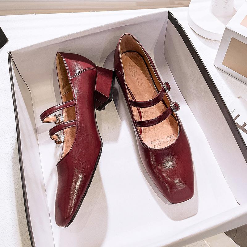 

Square head word with high heels thick heel French retro Mary Jane women s shoes 2025 new spring and autumn low heel single shoes 35 бордовый