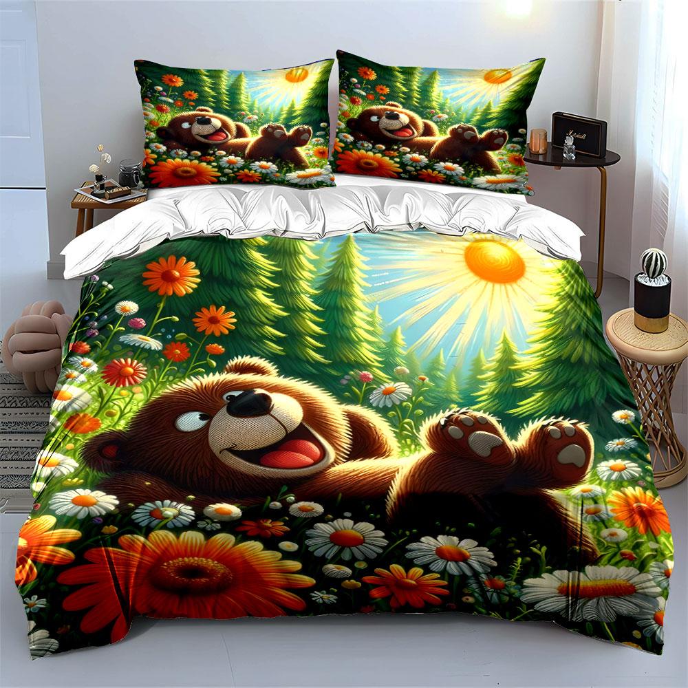 Cheerful Bear Relaxing In Nature Exquisite Three-Piece Bedding Set Gift For Kids And Adults