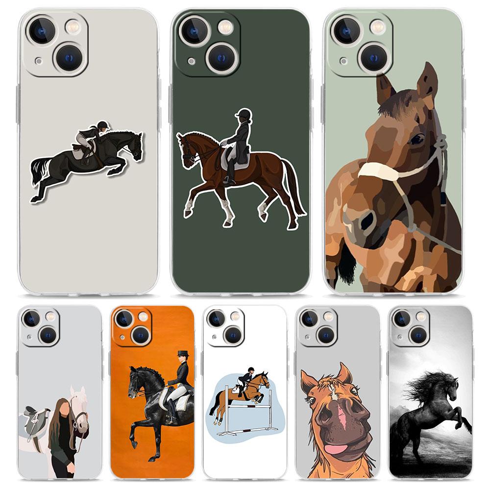 Animal Galloping Horse Girl Drawing Luxury Phone Case For iPhone 15 16 14 13 12 11 Pro Max XS X XR SE 7 8 Plus Clear Cover