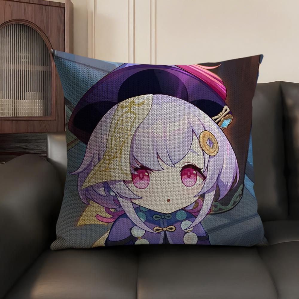 Qiqi Genshin Impact Cute Cushion Cover Natural Linen Organic Fabric DoubleSided Printing Sofa Home Decor Gift Pillow Case