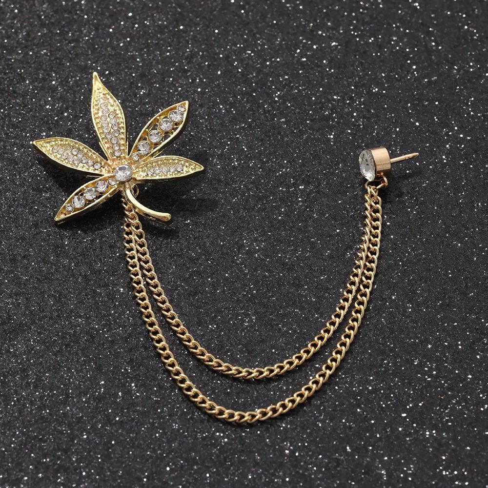British Style High-end Maple Leaf Brooch with Rhinestone Chain Fashion Vintage Tassel Badge Lapel Pin for Men's Suit Accessories