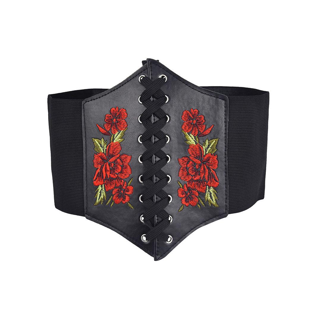 Women s Retro Black Wide Elastic Belt with Rose Embroidery Waistband