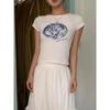 2025 Summer Pure Cotton Rubik's Cube Earth American Sexy Shoulder T-shirt Women's Round Neck Print Short Sleeve Silm Tops