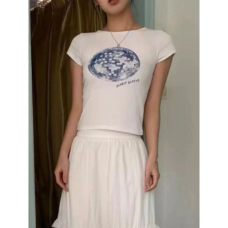 2025 Summer Pure Cotton Rubik's Cube Earth American Sexy Shoulder T-shirt Women's Round Neck Print Short Sleeve Silm Tops