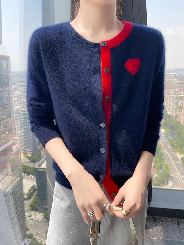 Women's Cashmere Cardigan - Round Neck, Sweetheart Embroidery, Color Block, Loose Fit Wool Top