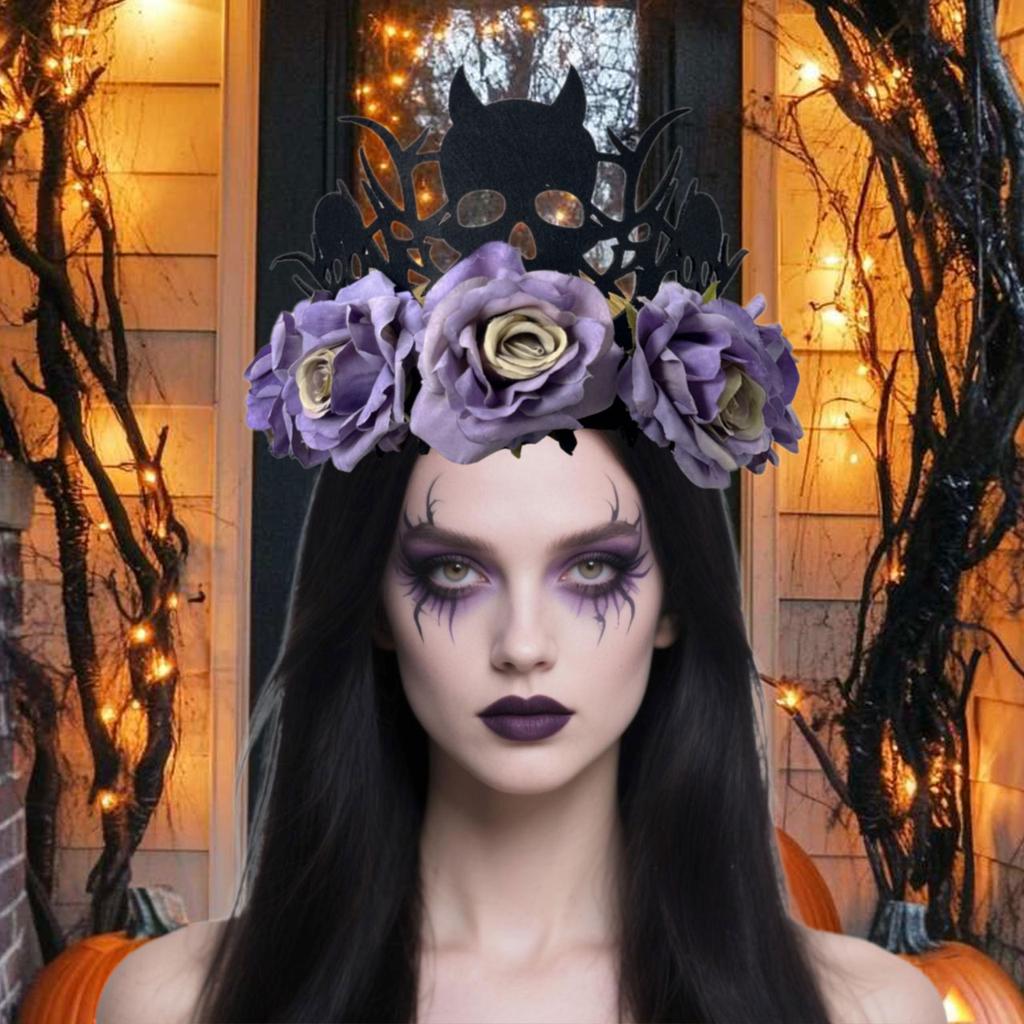Adjustable Witch Devil Crowns Headpiece For Halloween Parties Soft Fabric Roses Costume Decoration