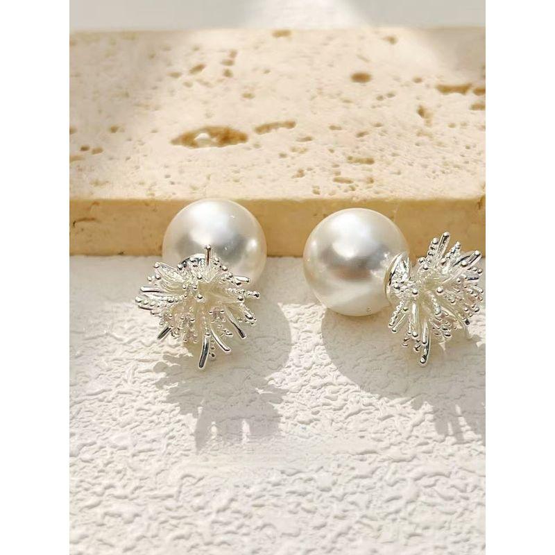 925 Silver Needle Plain White Firework Pearl Rear-Mounted Dual-Wear Stud Earrings 2025 New Retro Generous Earrings Eardrops