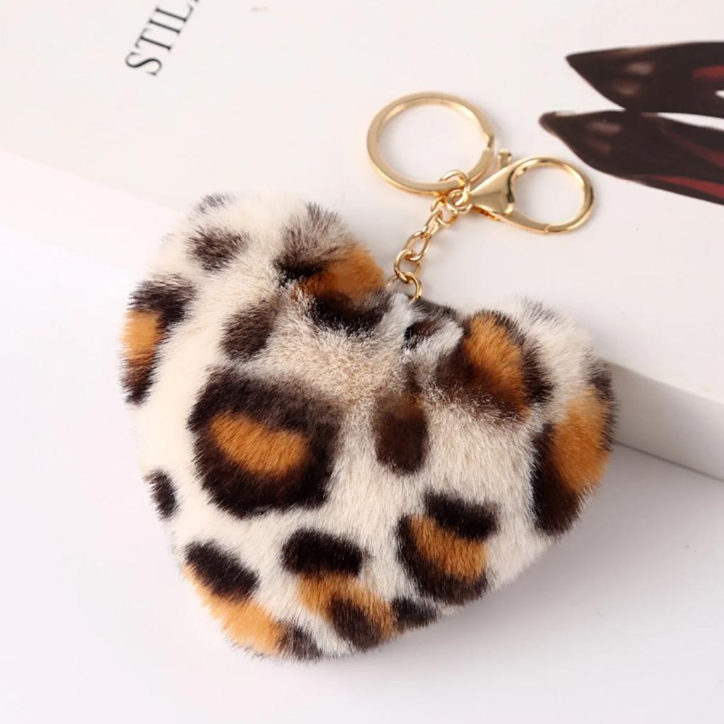 Set Portachiavi Pompom Peluche a Forma di Cuore | Palla di Pelo a Forma di Cuore con Stampa Leopardo | Pelliccia Sintetica Soffice di Alta Qualità per Chiavi Auto Borse Regali