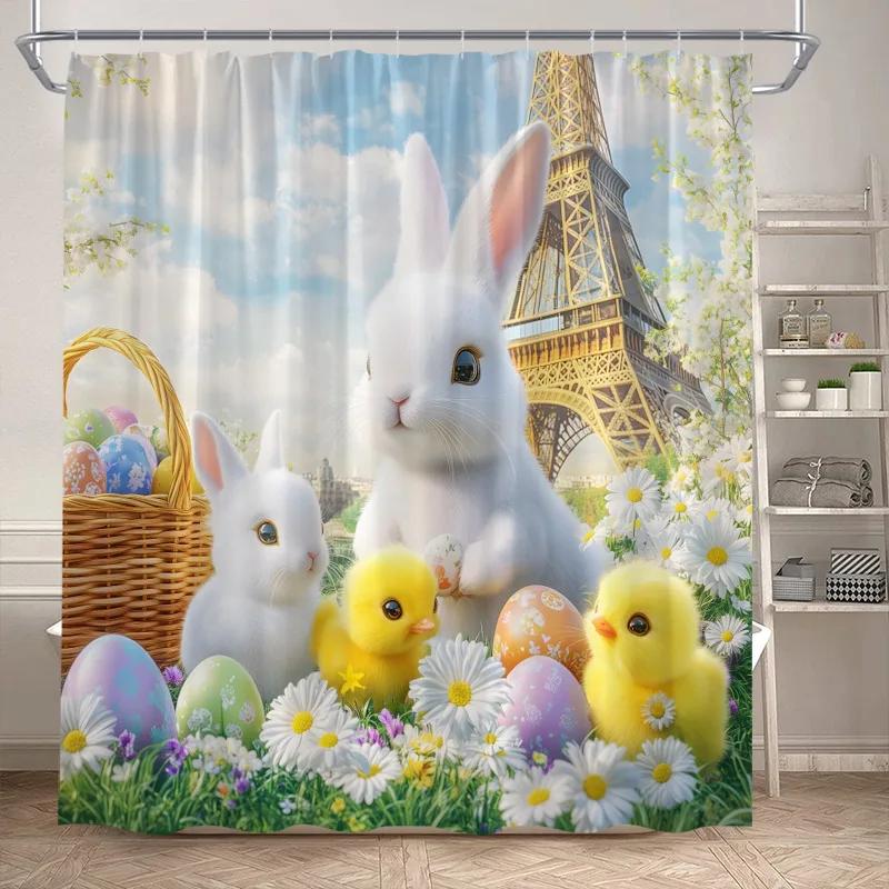 Funny Easter Shower Curtains Cute Cat Rabbit Eggs Butterfly Tulip Flowers Rustic Fabric Home Bathroom Curtain Decor With Hooks