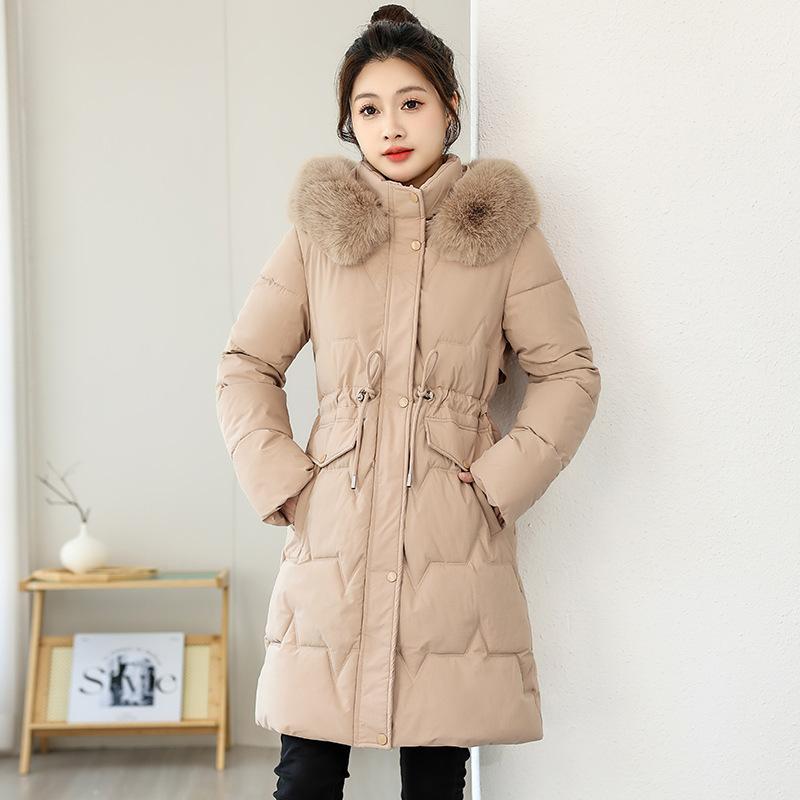 Medium and long slim-fitting large fur-neck cotton-padded clothes, new thin warm cotton-padded clothes, slim-fitting coats.