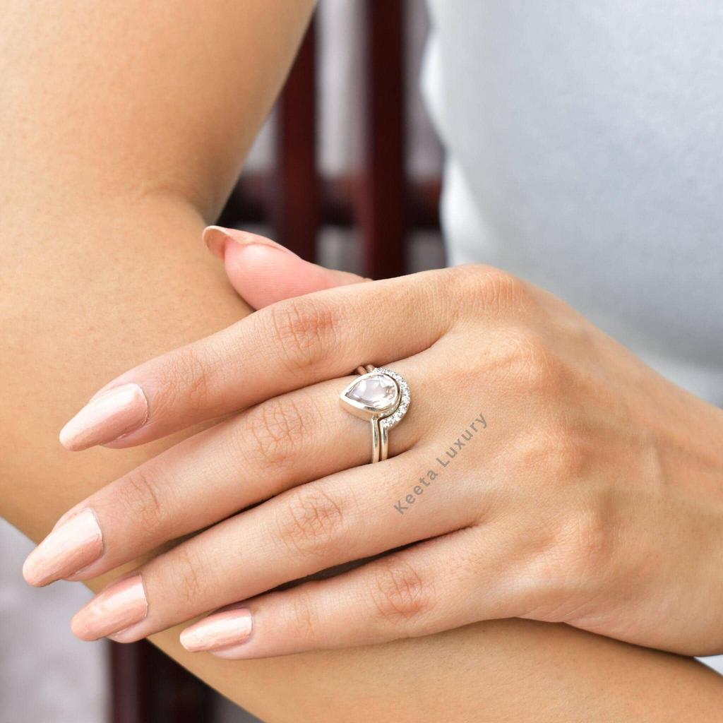 Natural Rose Quartz ring set Pink quartz statement ring with eternity band Sterling silver fashion ring for women Pear cut ring