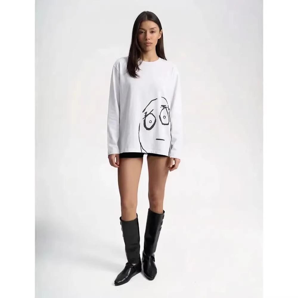 Women's O Neck Long Sleeve T-Shirt Loose Fit Casual Cartoon Print Cotton Top