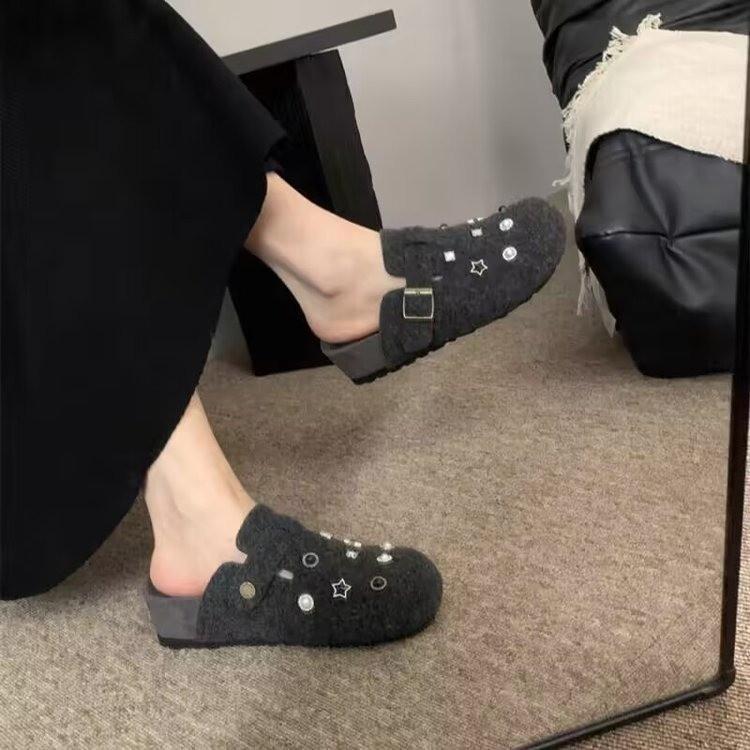 Mori woolen rivets rhinestone platform Birkenstocks women's new retro baotou half slippers women's outer slippers