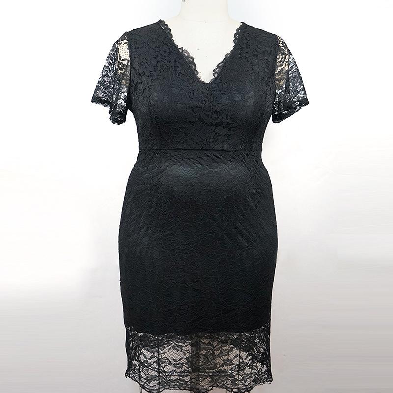 Jaro Léto Novinka Plus Size Slim Pevná Krajka Šaty se zavinovacím krkem Cizí ženy