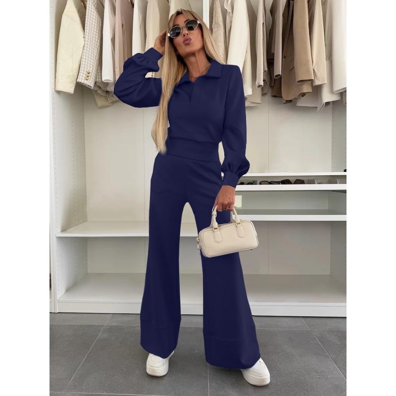 women's Solid Color Collared Long Sleeve Blouse High Waist Wide Leg Flare Pants 2 Piece Casual Tracksuit Set