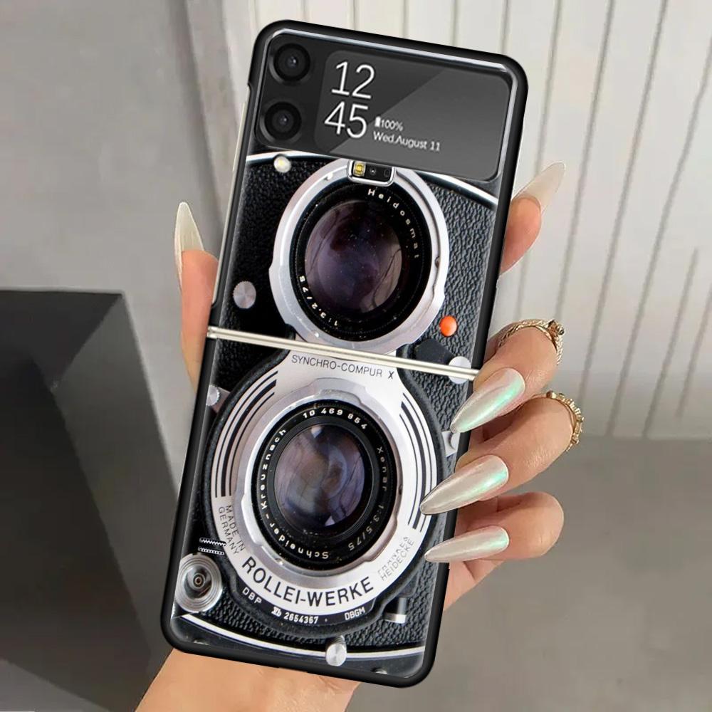 Fashion Classic Camera Lens Hard PC Phone Case For Samsung Galaxy Z Flip 7 6 5 4 3 Black ZFlip7 ZFlip6 Flip5 Flip4 Flip3 5G Prin