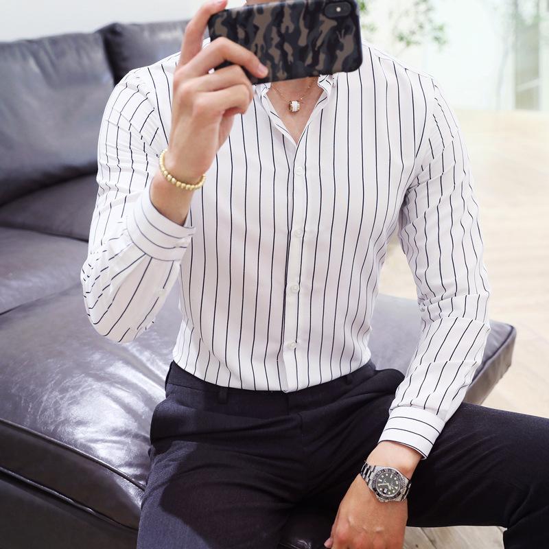 Gestreiftes Hemd Herren Langarmhemd Mode Jugend Student Slim Shirt