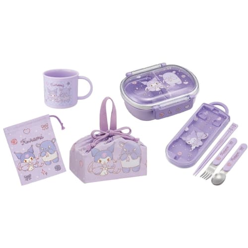 Skater Kuromi 25 Big Ribbon Antibacterial Dishwasher Safe Soft Lid Tight Lunch Box, Oval Shape, 360ml Trio Set (Chopsticks, Spoon, Fork), Plastic Cup,