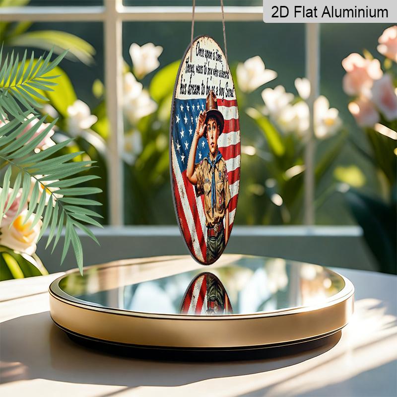 2D Flach, 1 Stück Rund Boy Scout Gruß USA Flagge Aluminium Hängeschild, Vintage Patriotisches Scout Traum Design, Rustikale Metall Wanddekoration, Perfekt für 4. Juli