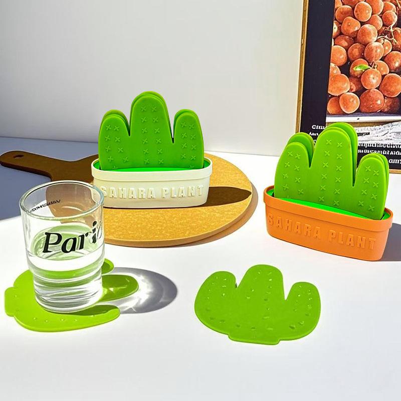 Anti Scald Cactus Coasters Set Anti-Fouling Heat Resistant Cactus Cup Mat With Stand Non-Slip Coaster Flowerpot Holder Tableware
