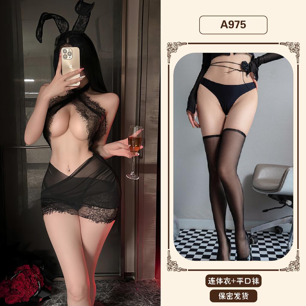 Sexy underwear women's sexy tight neck lace secretary uniform soft yarn hip skirt nightdress set A