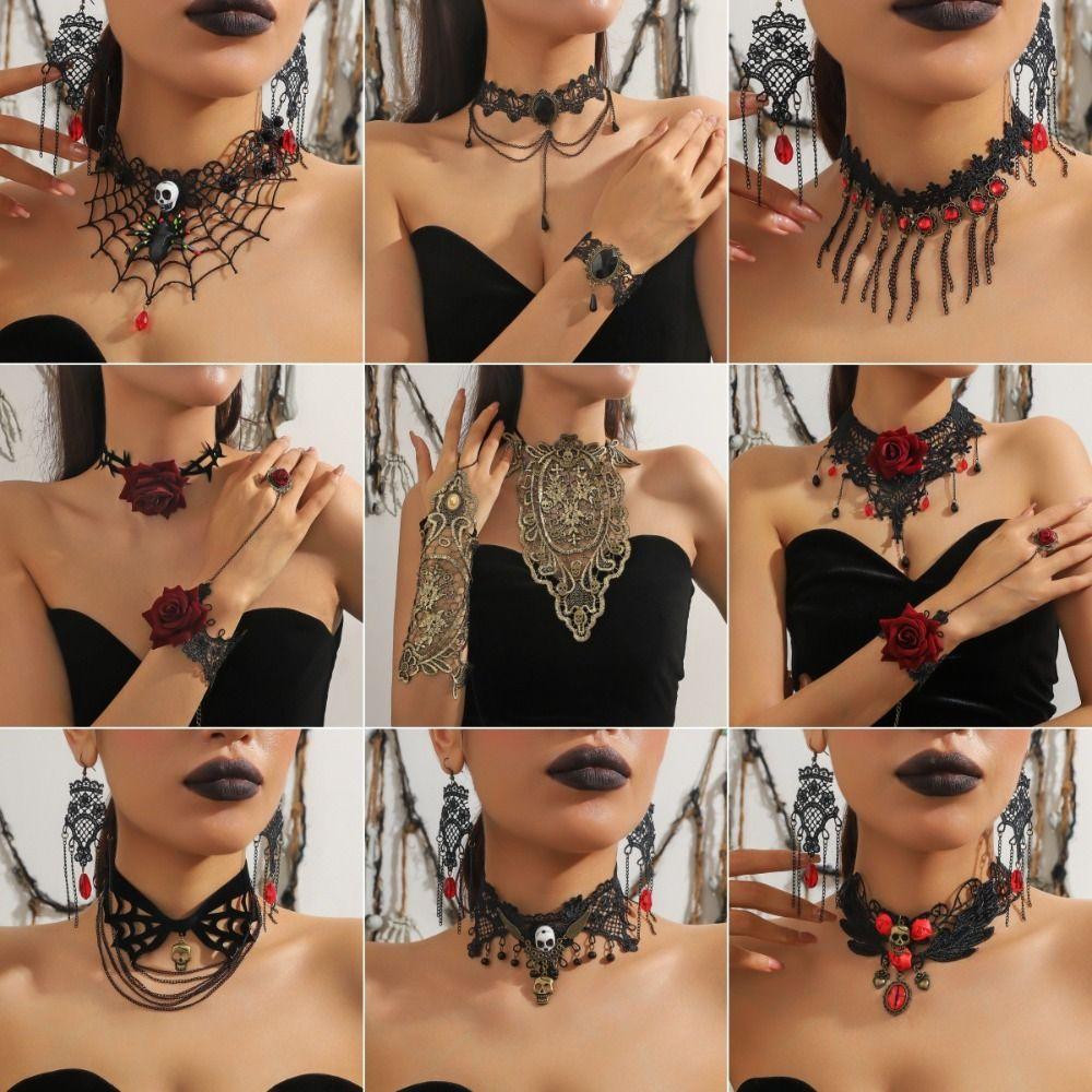 Bracelet Halloween Necklace Exaggerated Gothic Earrings Lace Flower Jewelry Set Halloween Costume