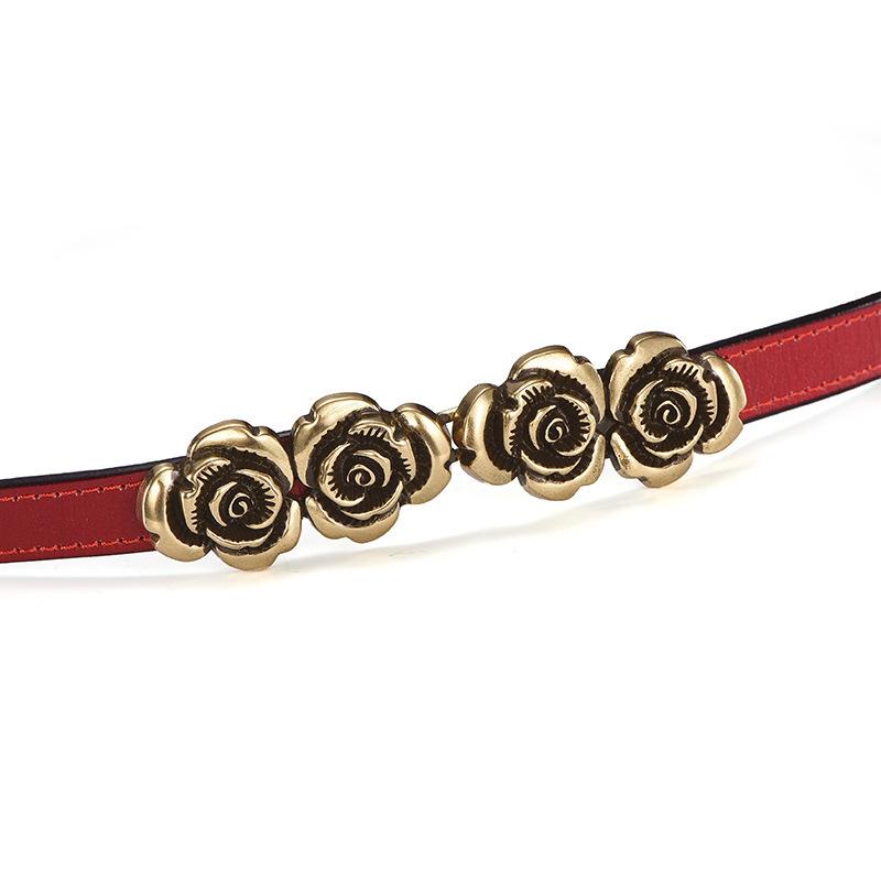Women's Genuine Leather Flower Buckle Belt, Versatile High-End Waistband, Thin Cowhide Dress Accessory