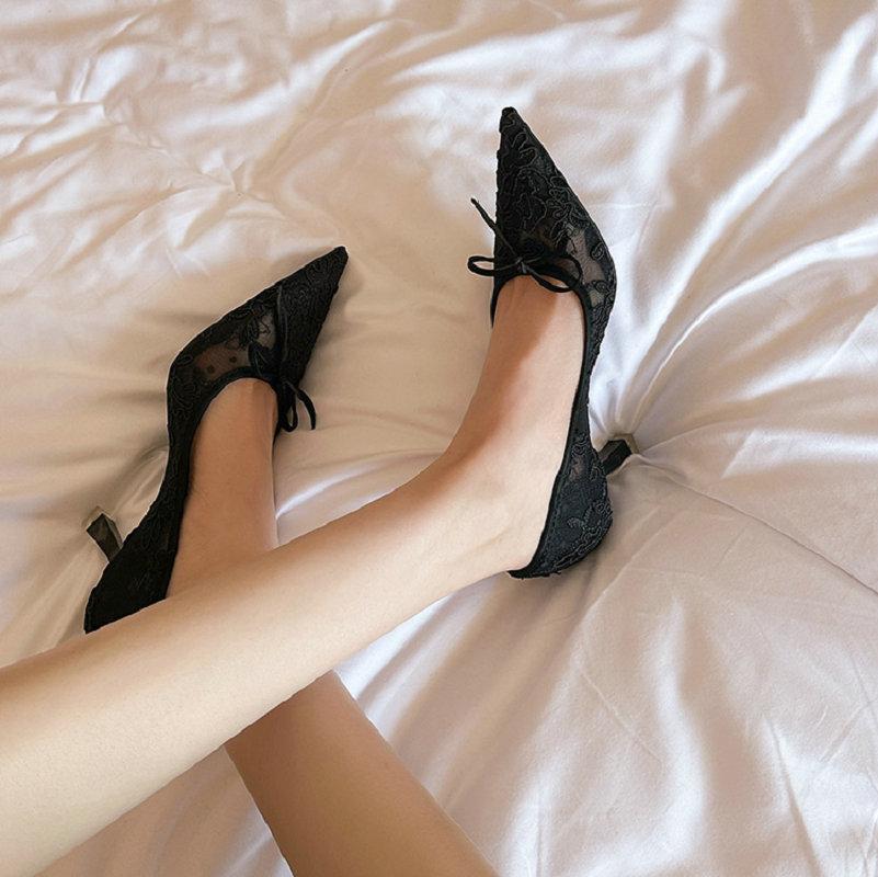 

Fashion French Style Lace Pointy Heels Spring Bow Mesh Cloth Stiletto Heels Bridal Party Shoes 40 чёрный