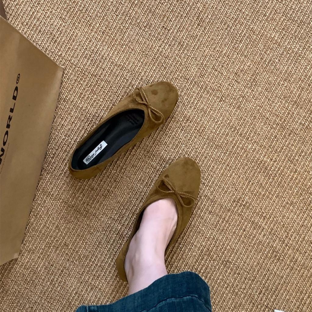 Vintage suede bow black commuter single shoes women's shoes 2025 autumn ballet flat French evening shoes