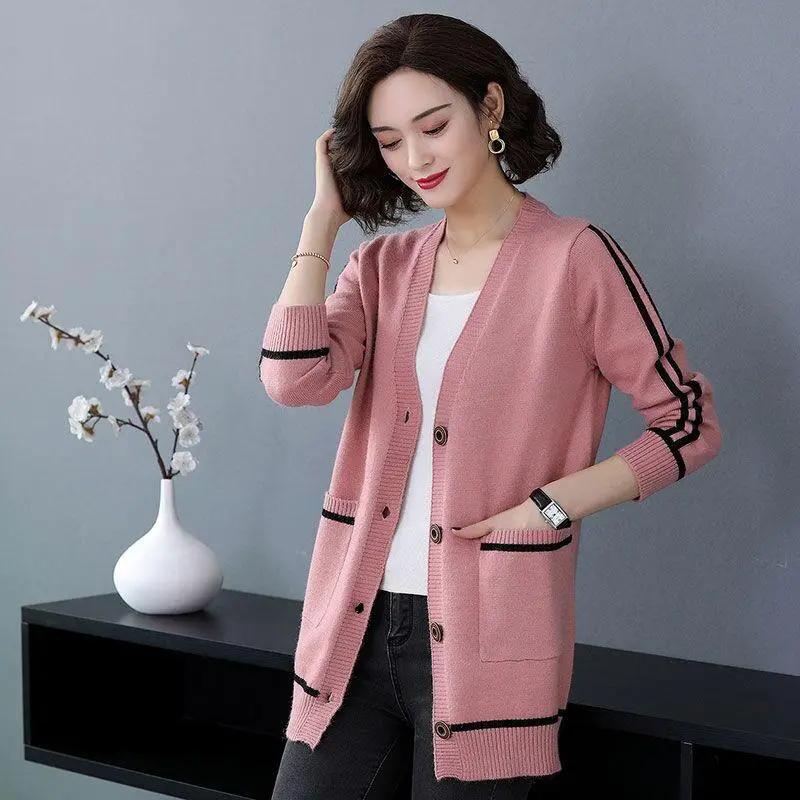 

WTEMPO Большие размеры, однотонные, полосатые, с карманами, пуговицами, V-образным вырезом, трикотажные кардиганы, женские повседневные, универсальные, с длинным рукавом, свитера, пальто L розовый