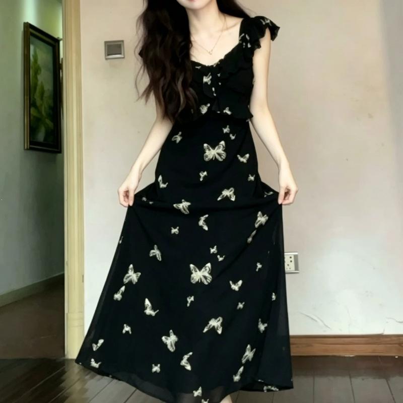 French Black Floral Dress Children's Summer New Temperament Waist Thin Flying Sleeves Fishtail Dress
